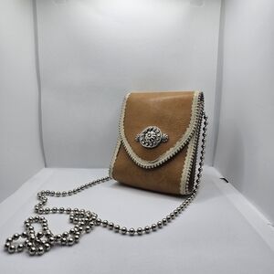 Tan Crossbody Bag with Cream Trim and Silver Accent